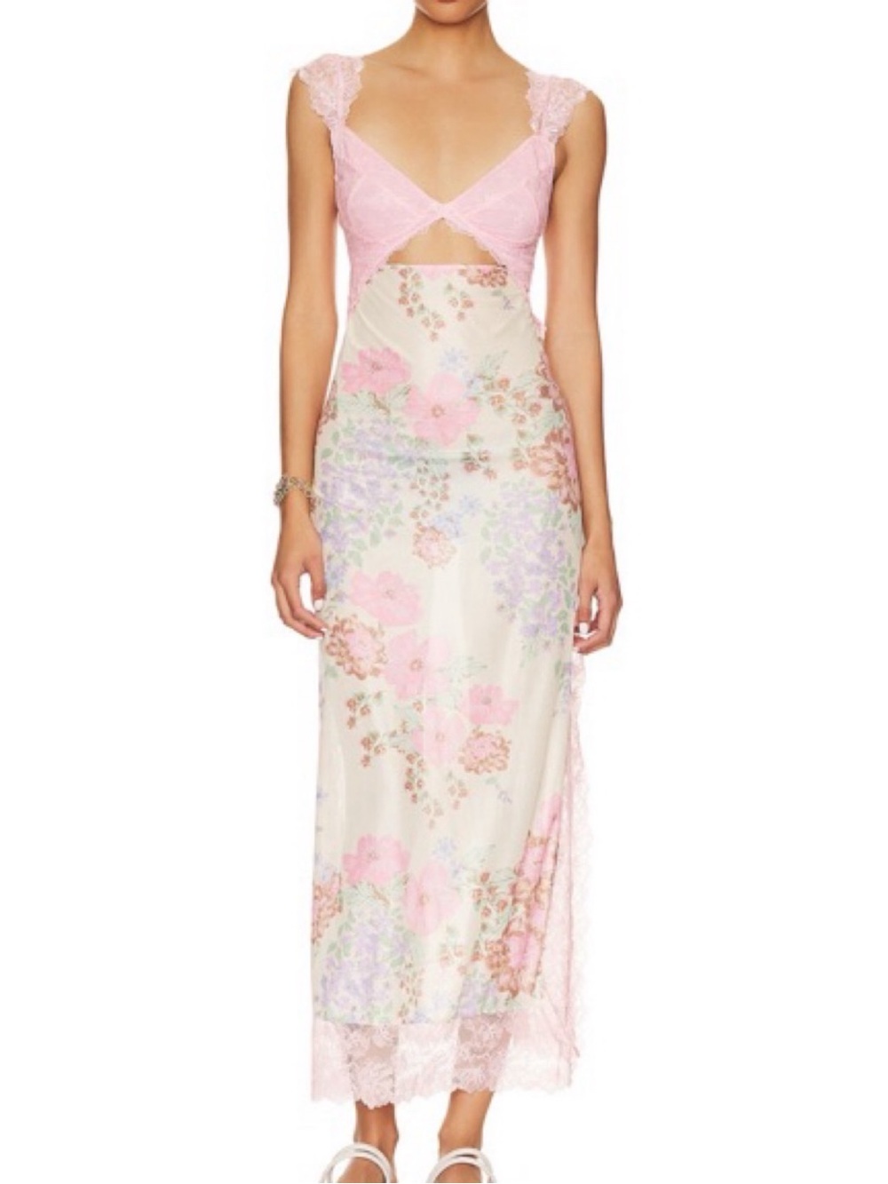 Pink and Cream Floral Lace-Trim Maxi Dress